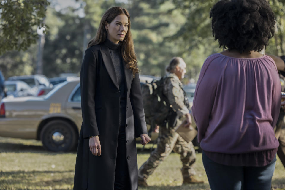 This image released by Netflix shows Michelle Monaghan as Gina McCleary in a scene from "Echoes." (Jackson Lee Davis/Netflix via AP)