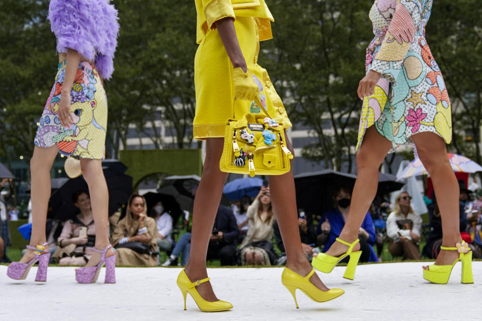 The Moschino collection is modeled during New York Fashion Week, Thursday, Sept. 9, 2021. (AP Photo/Mary Altaffer)