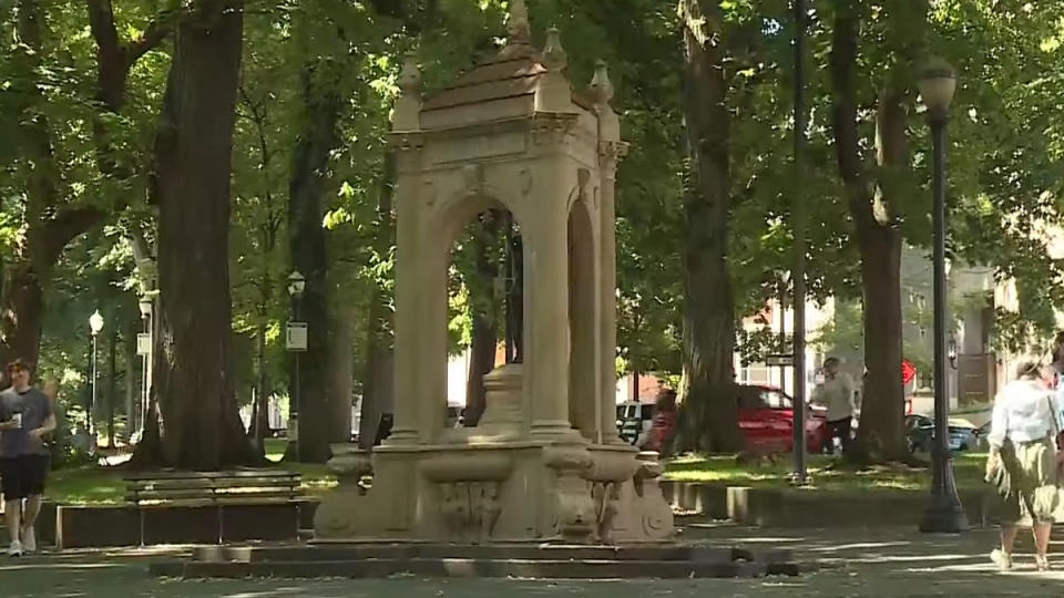 The South Park Blocks in downtown Portland was celebrated with a pair of bronze plaques for its recognition in the National Register of Historic Places. May 8, 2024 (KOIN).