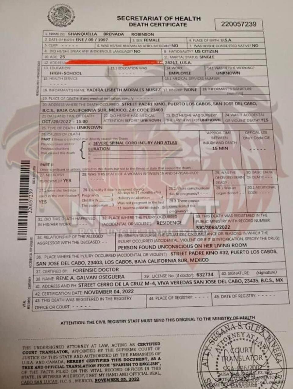 A copy of Shanquella Robinson’s autopsy report, which has since been contradicted by Mexican authorities (Courtesy of Geraldo Zuniga)