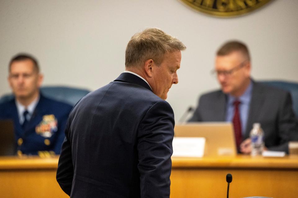 Former OceanGate's Director of Marine Operations, David Lochridge, center, testifies, Tuesday, Sept. 17, 2024, in front of the Titan marine board formal hearing inside the Charleston County Council Chambers, in North Charleston, S.C. (Andrew J. Whitaker/The Post And Courier via AP, Pool) (AP)