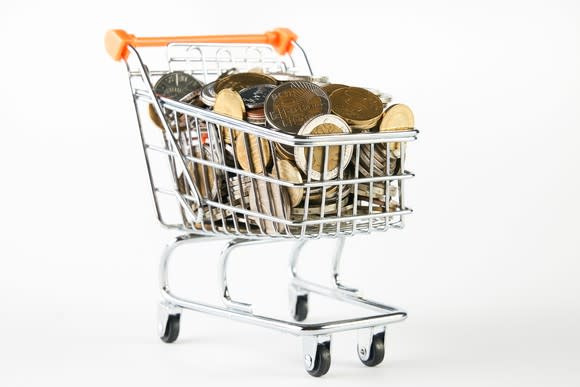 Miniature shopping cart filled with coins