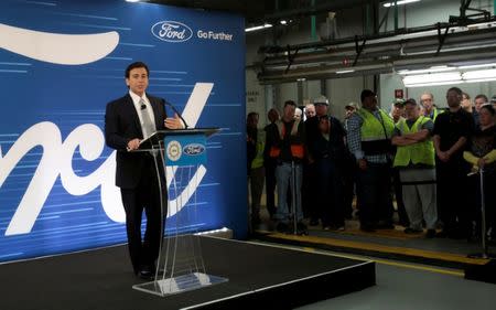 Ford Motor Co. president and CEO Mark Fields makes a major announcement during a news conference at the Flat Rock Assembly Plant in Flat Rock, Michigan, U.S. January 3, 2017. REUTERS/Rebecca Cook