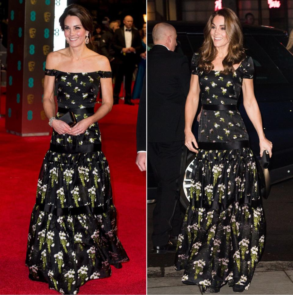 The Princess of Wales' Alexander McQueen dress, from off-shoulder to shoulder: the BAFTAs, 2017; National Portrait Gallery Gala, 2019
