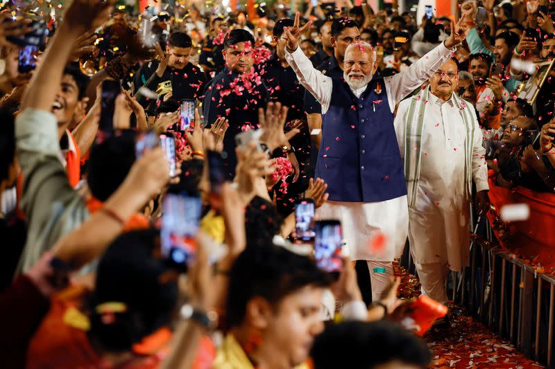 Indian PM Modi speaks to supporters at BJP headquarters, in New Delhi