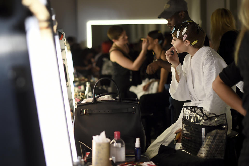 Jelena Noura "Gigi" Hadid prepares backstage at the Tom Ford show at Milk Studios during NYFW Fall/Winter 2020 on Friday, Feb. 7, 2020, in Los Angeles. (Photo by Jordan Strauss/Invision/AP)