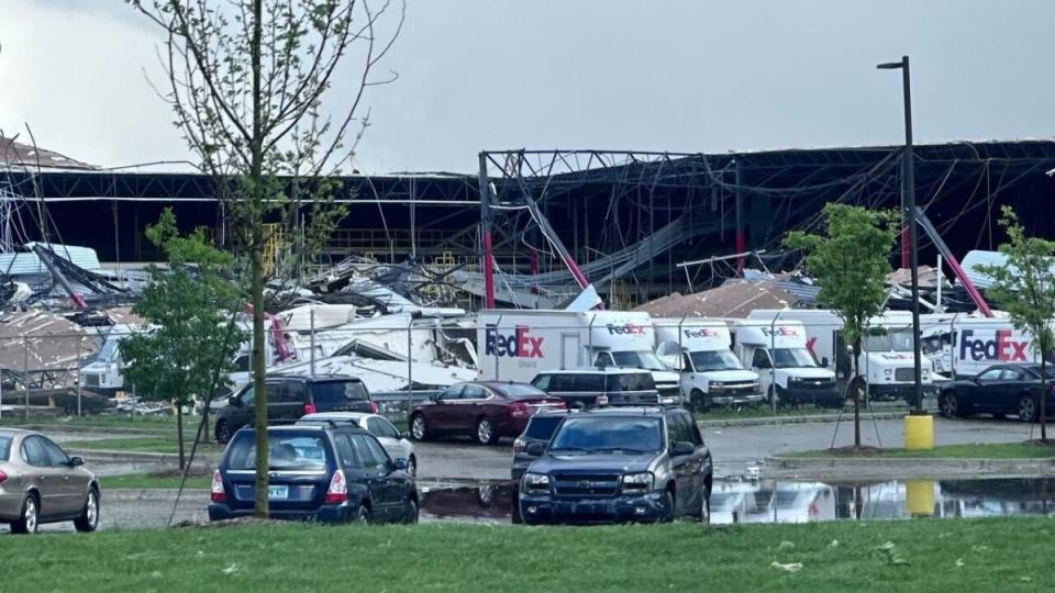 The FedEx Ground facility in Portage, Michigan, was severely damaged by a tornado on Tuesday. (Photo: WWMT)