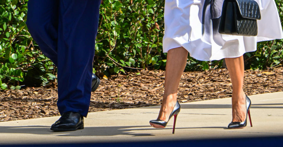 Former US President and Republican presidential candidate Donald Trump (L) and former First Lady Melania Trump leave after voting in Florida's primary election at a polling station at the Morton and Barbara Mandel Recreation Center in Palm Beach, Florida, on March 19, 2024. (Photo by GIORGIO VIERA / AFP) (Photo by GIORGIO VIERA/AFP via Getty Images)