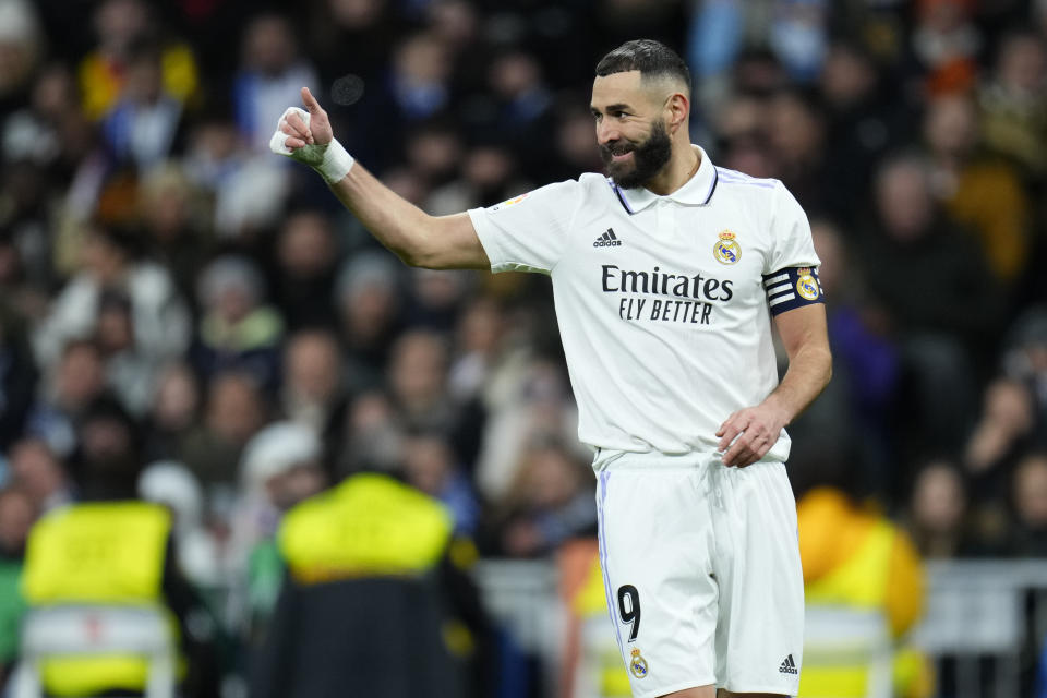 Real Madrid's Karim Benzema gestures during the Spanish La Liga soccer match between Real Madrid and Real Sociedad, at the Santiago Bernabeu stadium in Madrid, Sunday, Jan. 29, 2023. (AP Photo/Manu Fernandez)