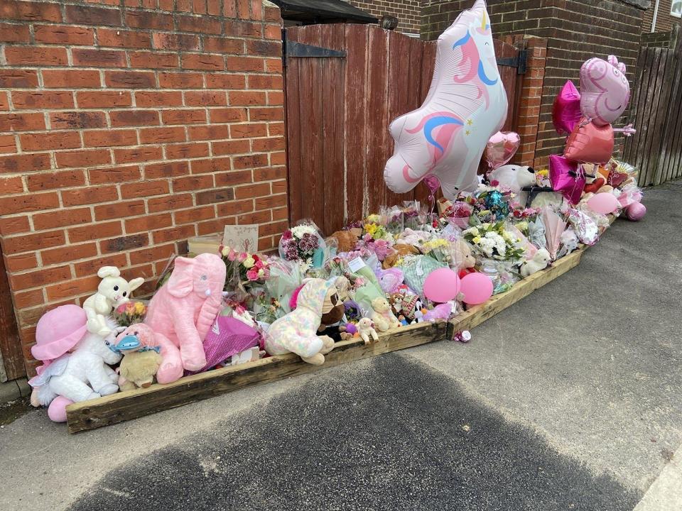Flowers and messages left outside a house in Milton Grove, Shotton Colliery, following the death of Maya Louise Chappell last month in September 2022. (Photo: Frank Reid)