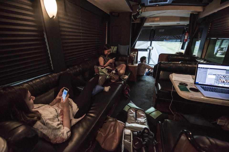 The HuffPost team relaxes on the bus after&nbsp;its visit to Charlottesville.