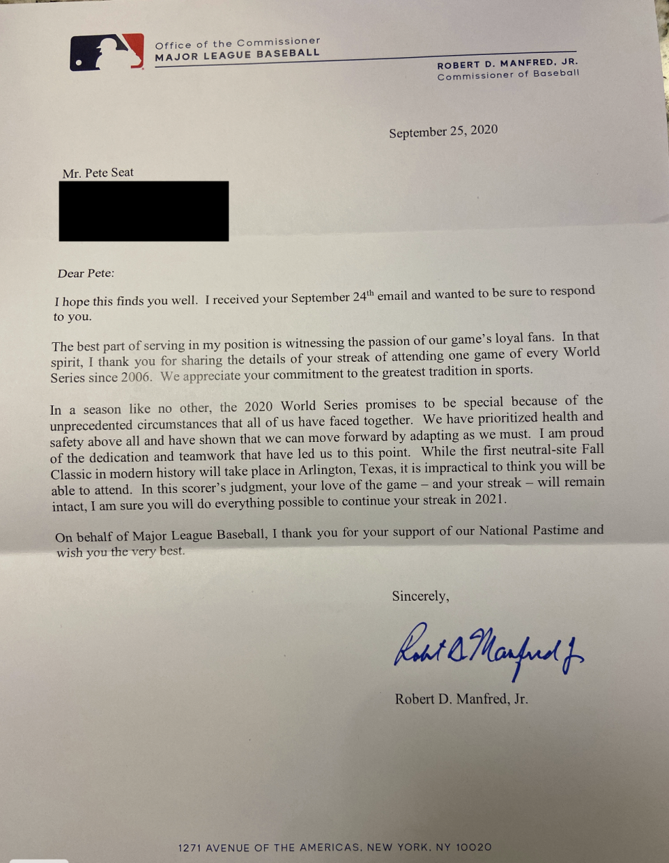 A letter that Pete Seat got from the commissioner of MLB. (Special to Yahoo Sports)