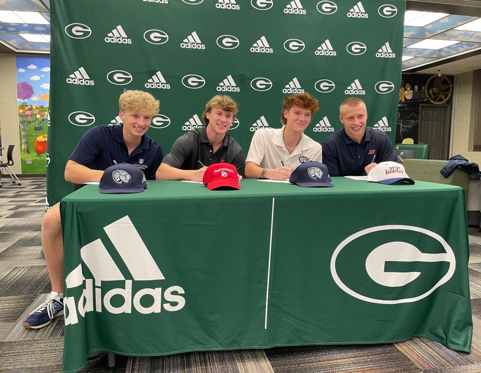 Greenbrier baseball seniors Brody Cleveland (Augusta University), Jamie Daly (Davidson College), Ryan Patrick (Augusta University) and Logan Wise (USC Aiken) sign national letters of intent Wednesday, Nov. 8, 2023 in the media center at Greenbrier High School.