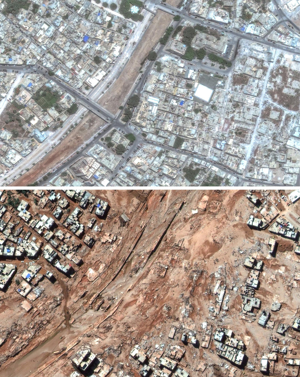 Esta combinación de imágenes satelitales proporcionadas por Maxar Technologies muestra, en la parte superior, un vecindario de Derna, Libia, el 1 de julio de 2023, y en la parte inferior la misma zona el miércoles 13 de septiembre de 2023, luego de ser devastada por una inundación. (Imagen satelital ©2023 Maxar Technologies vía AP)