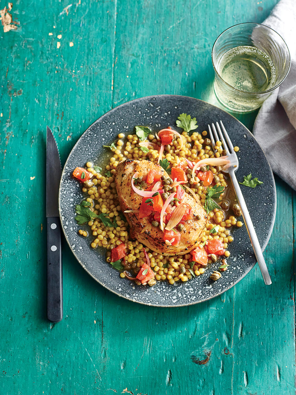 Pork Chops and Couscous with Tomato-Caper Sauce