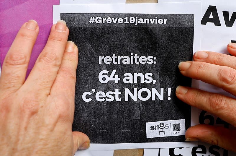 FILE PHOTO: Teachers prepare placards in Cannes ahead of a nationwide strike against pension reform