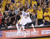 <p>Golden State Warriors guard Stephen Curry (30) celebrates with forward Draymond Green (23) in the fourth quarter against the Cleveland Cavaliers in game five of the 2017 NBA Finals at Oracle Arena. Mandatory Credit: Kyle Terada-USA TODAY Sports </p>