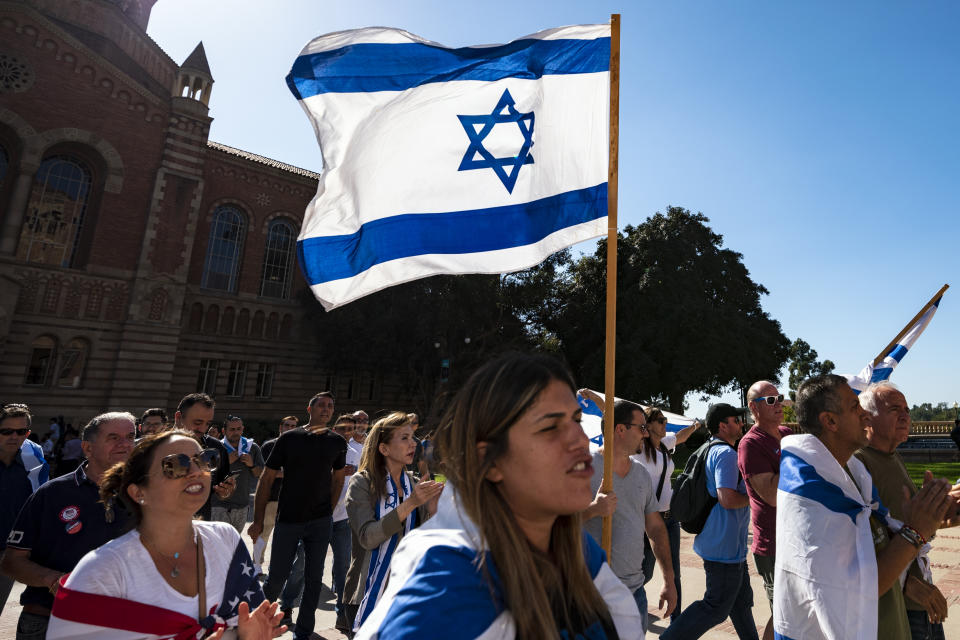 Members of the Jewish community and their allies protest anti-Semitism and the upcoming National Students for Justice in Palestine conference at the UCLA campus in Los Angeles, California on November 6, 2018. The Los Angeles City Council called on UCLA to cancel the NSJP conference over fears that it will promote anti-Semitism. (Photo: Ronen Tivony/NurPhoto via Getty Images)