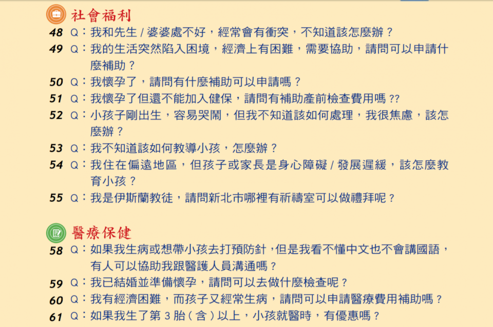 新住民生活手冊中文版目錄。(陳國維 攝)