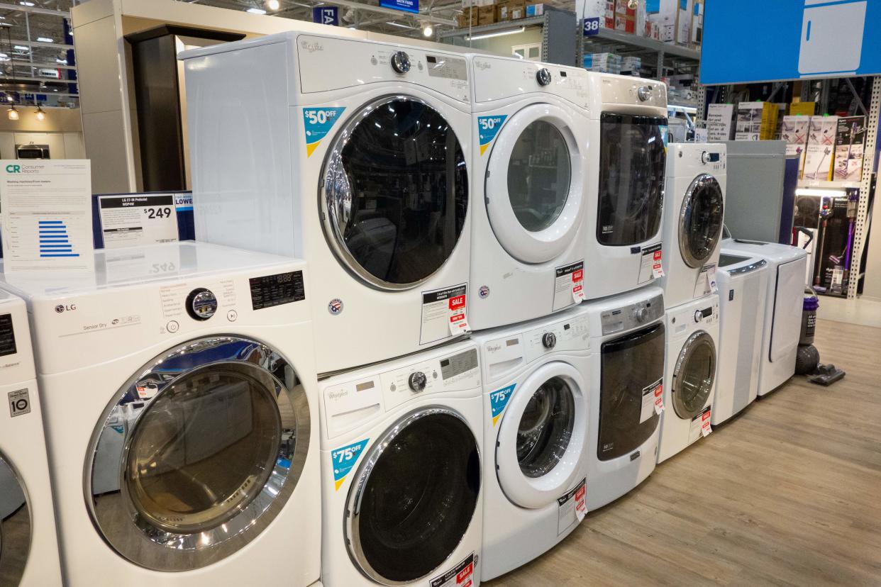 Washing machines and dryers for sale in a store