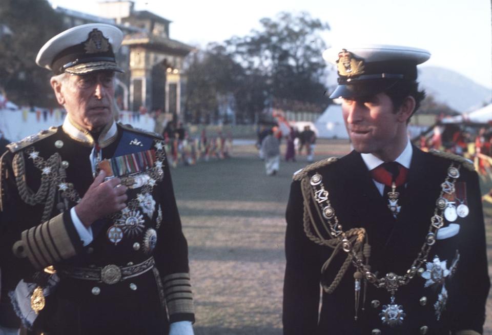 <div class="inline-image__caption"><p>The Prince of Wales and Lord Mountbatten, wearing full naval uniform, visited Nepal in 1975 to attend the coronation of King Birendra. </p></div> <div class="inline-image__credit">Anwar Hussein/WireImage</div>