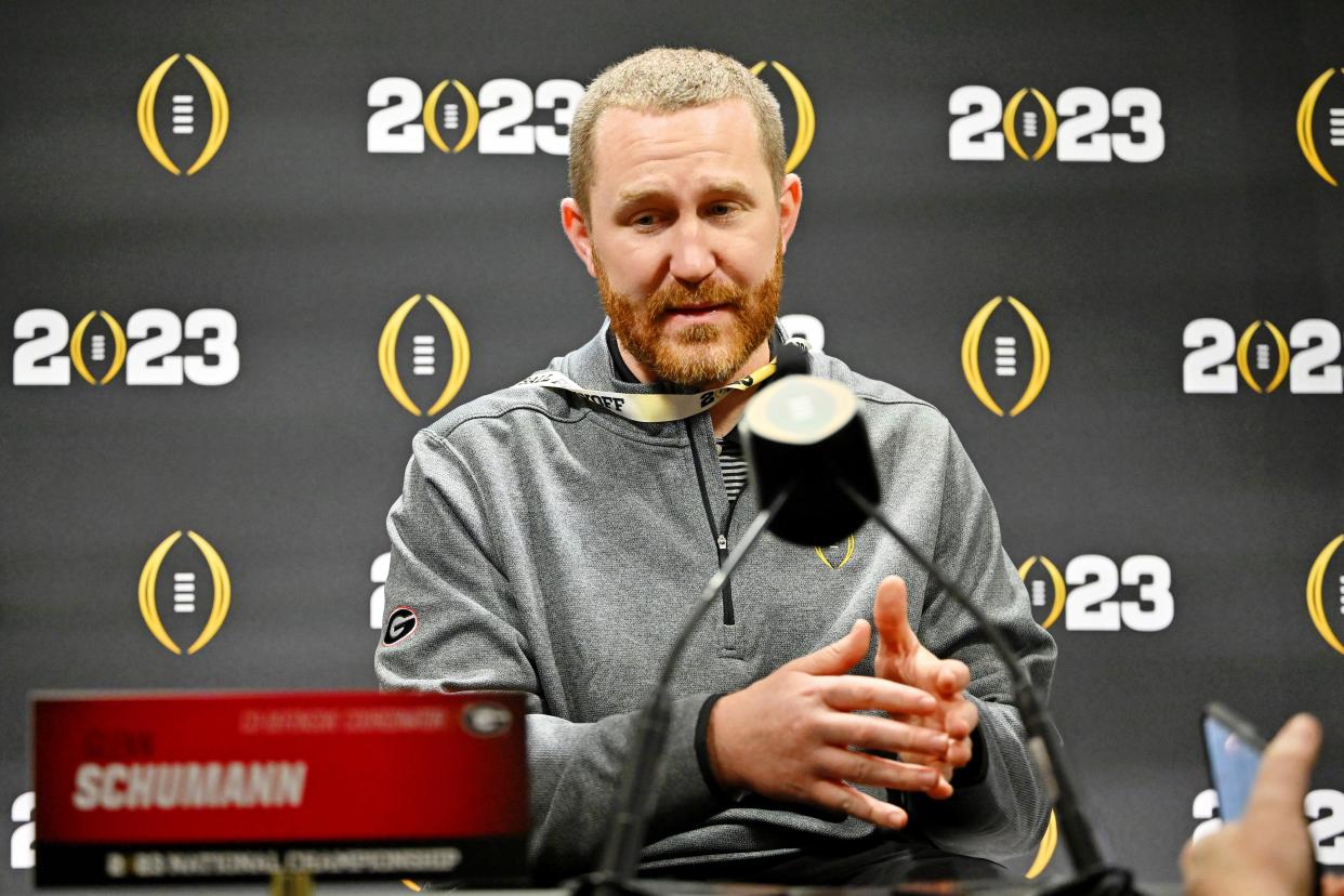 Jan 7, 2023; Los Angeles, California, USA; Georgia Bulldogs co-defensive coordinator and linebackers coach Glenn Schumann talks to media on media day before the 2023 CFP National Championship game at Los Angeles Convention Center. Mandatory Credit: Jayne Kamin-Oncea-USA TODAY Sports