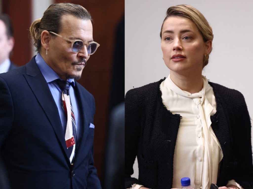 Johnny Depp and Amber Heard at the Fairfax County Courthouse in Fairfax, Virginia, on 5 May 2022 (JIM LO SCALZO/POOL/AFP via Getty Images)