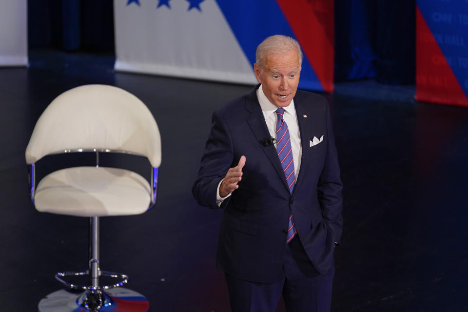 President Joe Biden participates in a CNN town hall at the Baltimore Center Stage Pearlstone Theater, Thursday, Oct. 21, 2021, in Baltimore. / Credit: Evan Vucci / AP