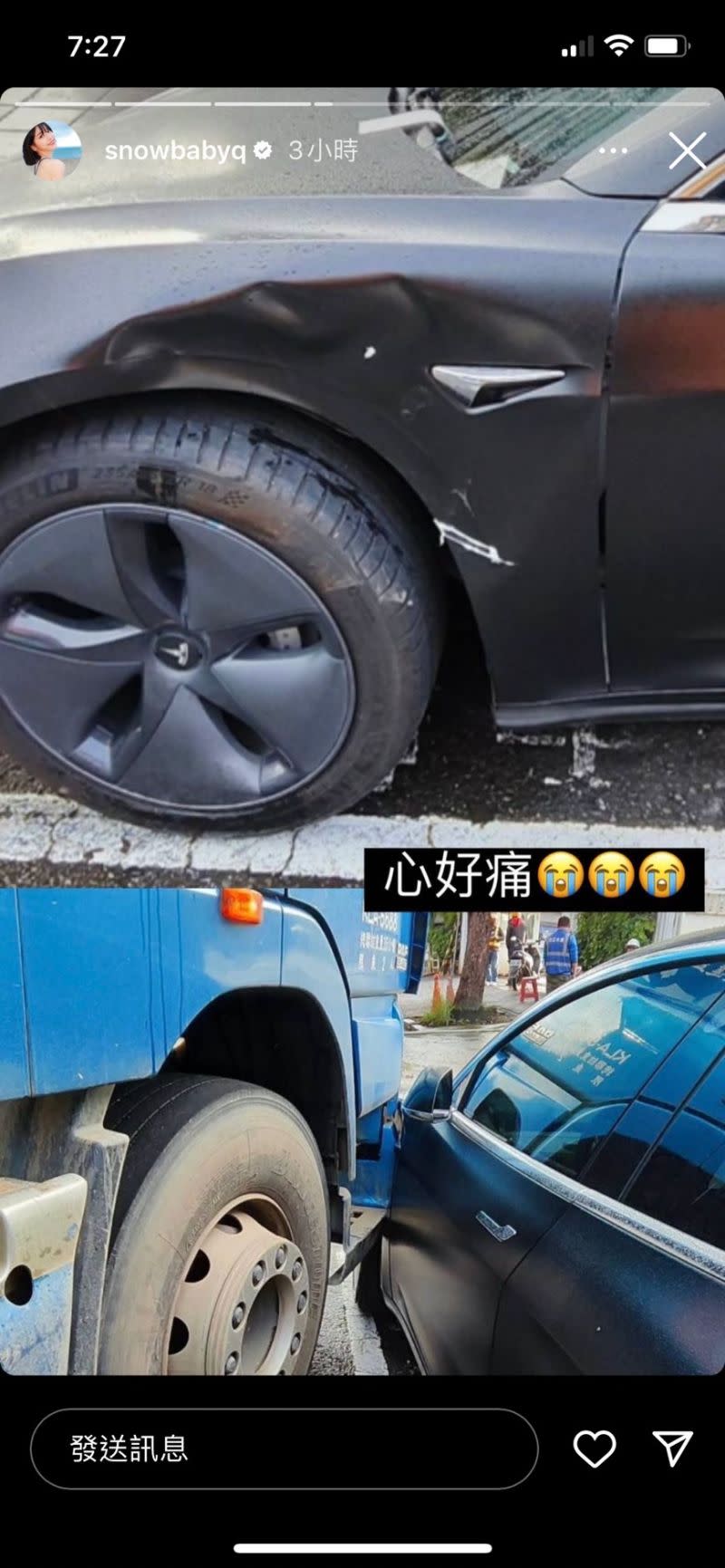 ▲蔡瑞雪的愛車被大卡車撞出大凹洞，讓她崩潰直呼「心好痛」。（圖／翻攝自蔡瑞雪IG）