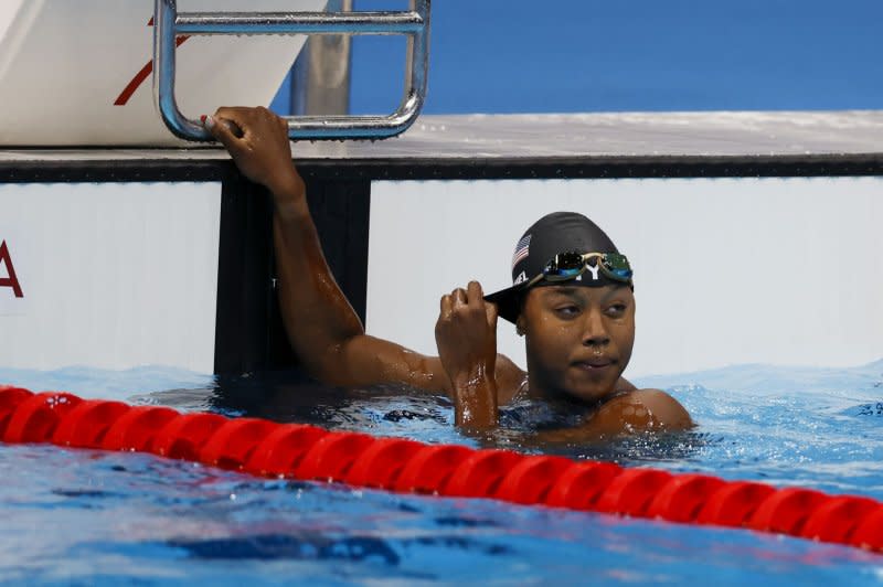 Simone Manuel finished fourth in the women's 100-meter freestyle swim to earn a relay spot for Team USA at Paris 2024. File Photo by Tasos Katopodis/UPI