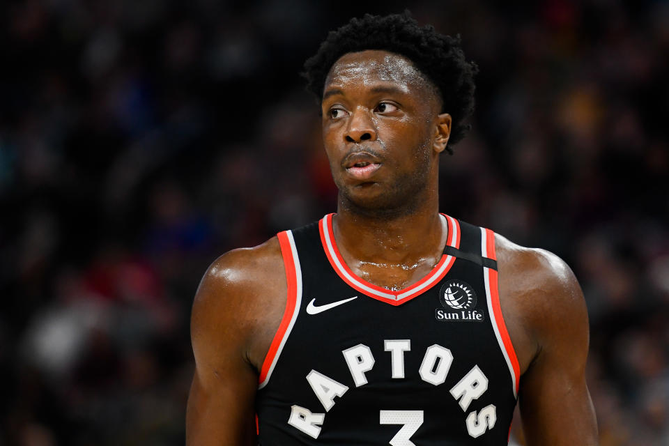 SALT LAKE CITY, UT - MARCH 09: OG Anunoby #3 of the Toronto Raptors looks on during a game against the Utah Jazz at Vivint Smart Home Arena on March 9, 2020 in Salt Lake City, Utah. NOTE TO USER: User expressly acknowledges and agrees that, by downloading and/or using this photograph, user is consenting to the terms and conditions of the Getty Images License Agreement.  (Photo by Alex Goodlett/Getty Images)