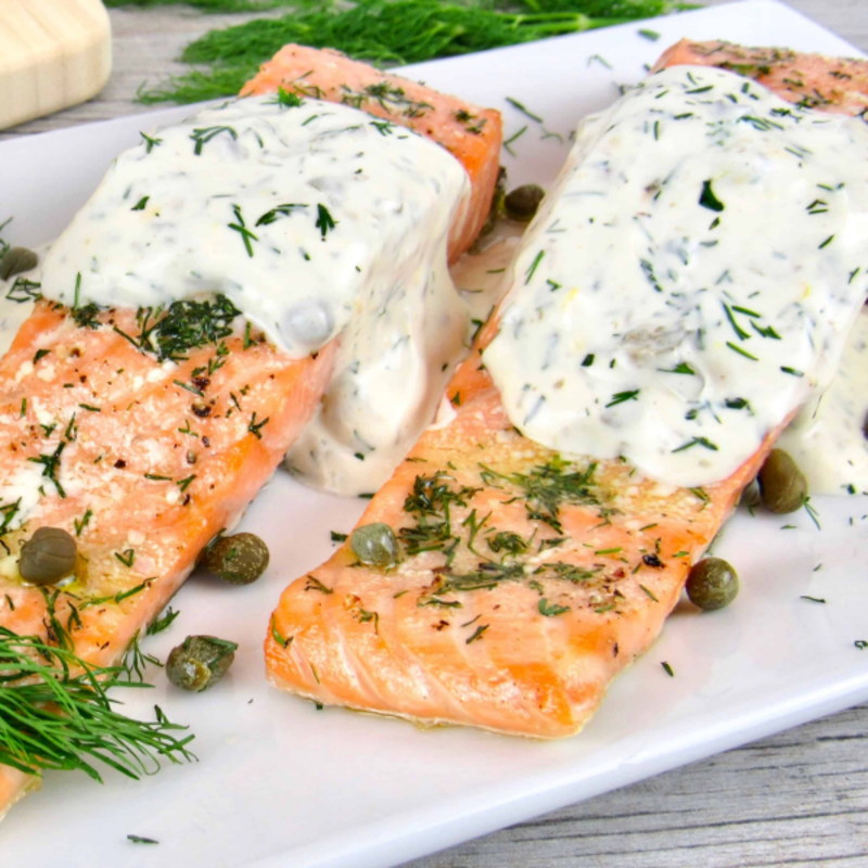 <p>Keto Cooking Christian</p><p>This delicious baked salmon is smothered in a fresh creamy dill sauce. It’s a decadent yet super easy keto recipe that is full of flavor!</p><p><strong>Get the recipe: <a href="https://ketocookingchristian.com/baked-salmon-with-creamy-dill-sauce-keto-and-low-carb/" rel="nofollow noopener" target="_blank" data-ylk="slk:Baked Salmon with Creamy Dill Sauce;elm:context_link;itc:0;sec:content-canvas" class="link rapid-noclick-resp">Baked Salmon with Creamy Dill Sauce</a></strong></p>