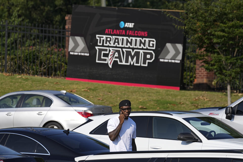 Atlanta Falcons tight end Kyle Pitts reports for the team's NFL football training camp Tuesday, July 25, 2023, in Flowery Branch, Ga. (AP Photo/John Bazemore)