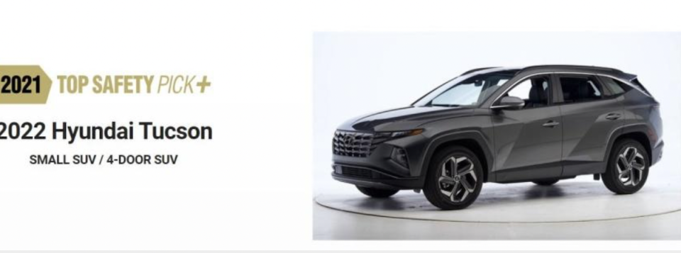 今年第四季將導入台灣的 Hyundai 新一代 Tucson 獲得 IIHS 最高的 Top Safety Pick+ 進階安全首選評價。