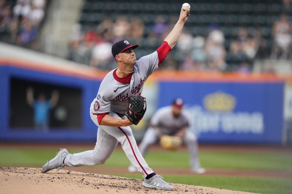 Washington Nationals' MacKenzie Gore pitches during the first inning of the team's baseball game against the New York Mets on Friday, July 28, 2023, in New York. (AP Photo/Frank Franklin II)