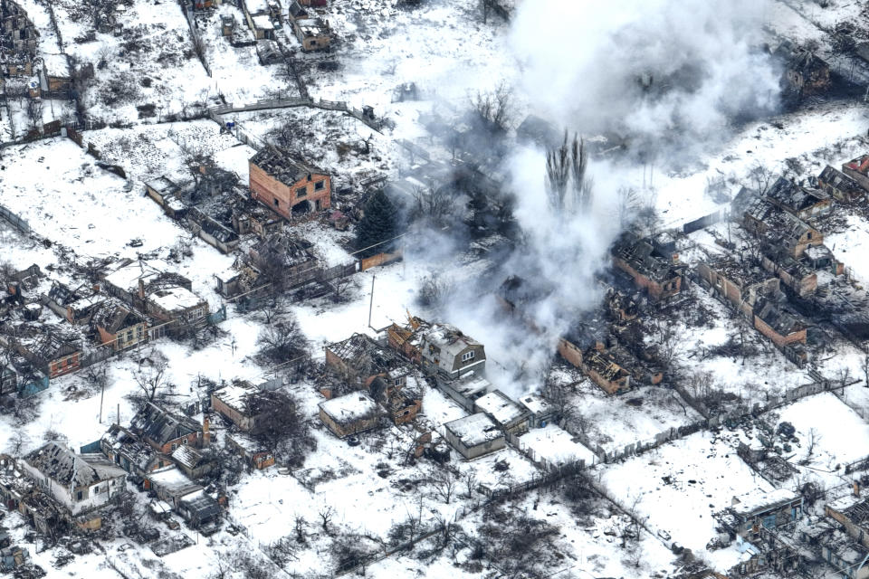 An aerial view of Bakhmut, the site of heavy battles with Russian troops in the Donetsk region, Ukraine, Tuesday, Feb. 14, 2023. (AP Photo/Libkos)