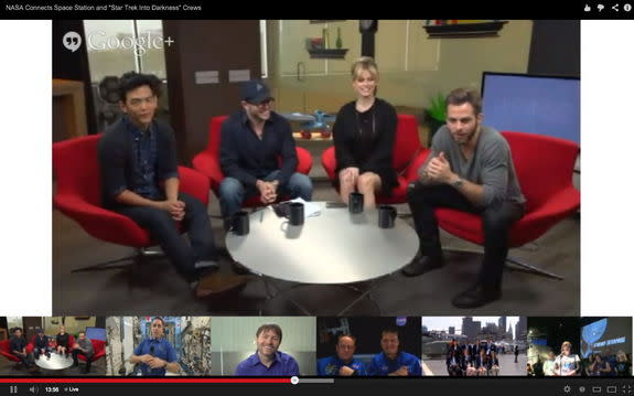 Chris Pine (Captain Kirk), Alice Eve (Dr. Carol Marcus), John Cho (Sulu) and screenwriter and producer Damon Lindelof of the new movie, "Star Trek Into Darkness," chat with Astronaut Chris Cassidy aboard the International Space Station on May 1