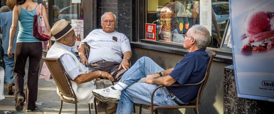 Boston, Massachusetts, USA - September 3, 2005 : Italian seniors meeting  in sidewalk of Boston, Massachusetts