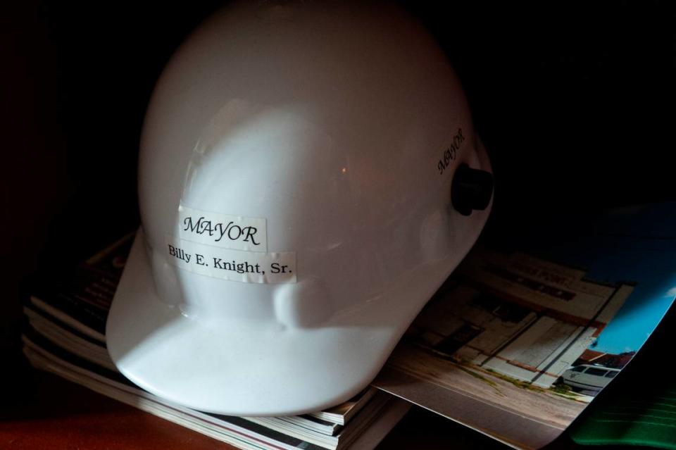 Moss Point Mayor Billy Knight’s hard hat in his office at City Hall on Wednesday, June 28, 2023. Knight has always tried to lead by example, pitching in where he can to improve the city.