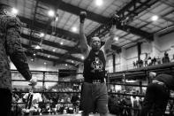 <p>Sgt. Mark Evans celebrates his win at the “Bronx Tough Turkey Tussle” in the Hunts Point section of the Bronx, New York, on Nov. 16, 2017. (Photo: Gordon Donovan/Yahoo News) </p>