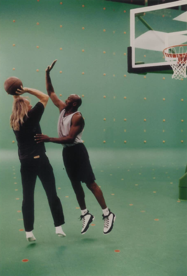 "Space Jam" director Joe Pytka, left, playing basketball with Michael Jordan on the green-screen set of the animated film, released in 1996.