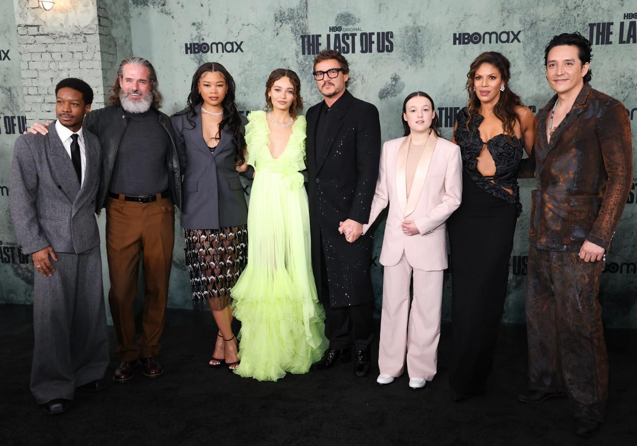 Lamar Johnson, Jeffrey Pierce, Storm Reid, Nico Parker, Pedro Pascal, Bella Ramsey, Merle Dandridge and Gabriel Luna attend the Los Angeles premiere of HBO's "The Last of Us" at Regency Village Theatre on January 09, 2023 in Los Angeles, California