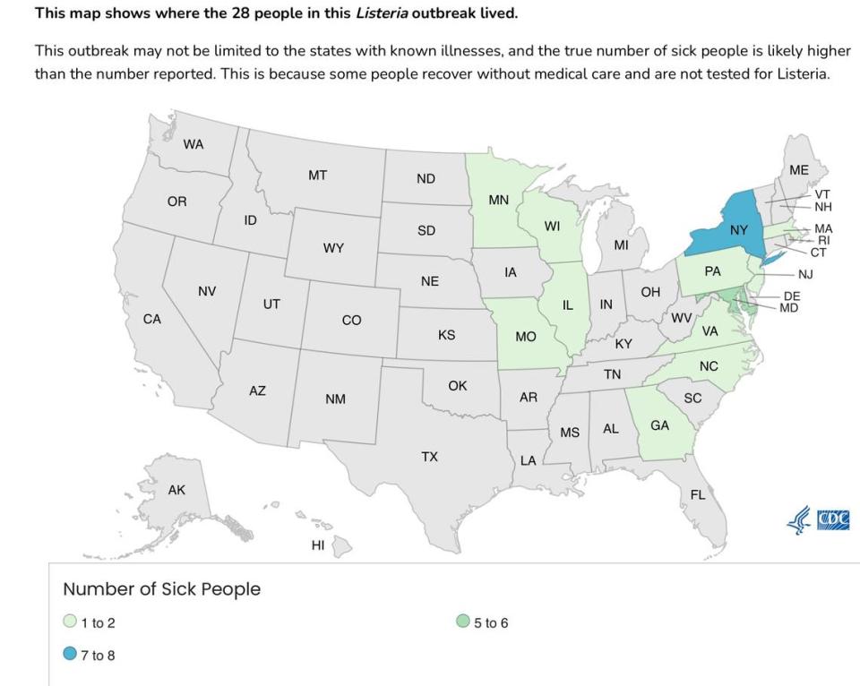 Centers of Disease Control map of states that include people who were reported as included in a listeria outbreak traced to deli meats as of July 19, 2024. None so far in Florida and New York reported the most cases.