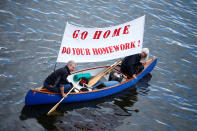 <p>People in boats take part in protests ahead of the upcoming G20 summit in Hamburg, Germany July 2, 2017. (Hannibal Hanschke/Reuters) </p>