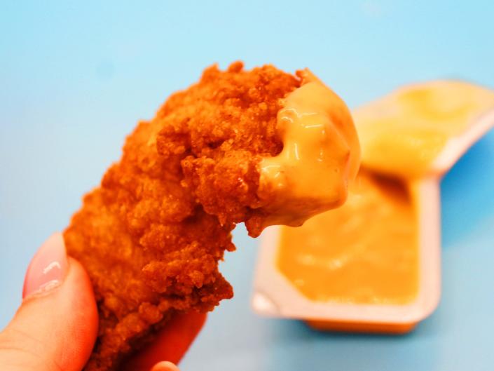 chick fil a chicken tenders dipped in chick fil a sauce