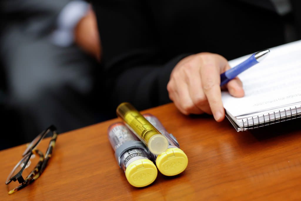 EpiPens sit on a desk at a court hearing in Washington, D.C.