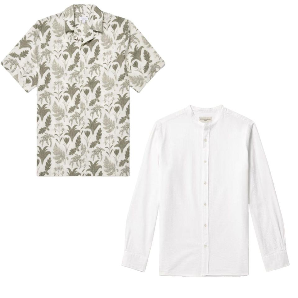 Sunspel x Katie Scott Notched Collar Shirt, £195, Harrods; Officine Générale Gaston Grandad-Collar Cotton-Seersucker Shirt, £195, Mr Porter