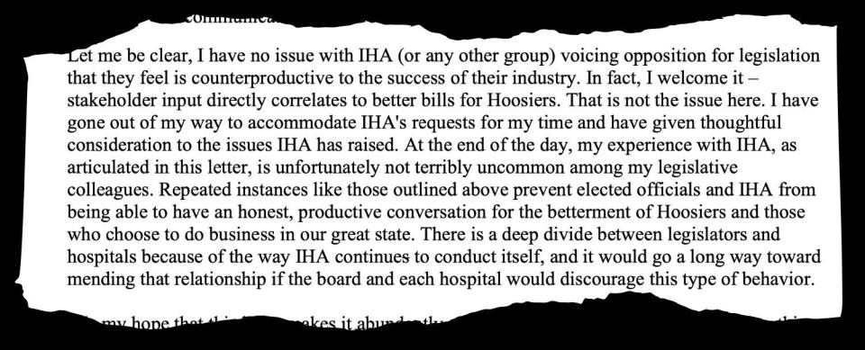  An excerpt from a March 8, 2024 letter from Sen. Chris Garten to Indiana Hospital Association leadership.