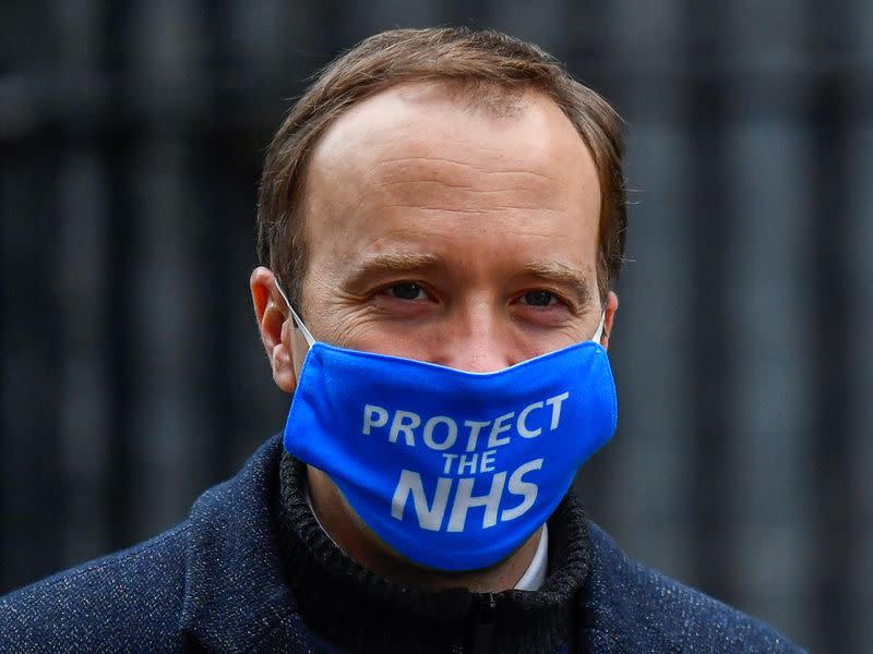 Britain's Health Secretary Matt Hancock leaves Downing Street in London