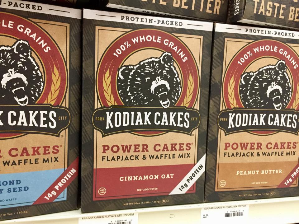 A line of Kodiak Cake boxes